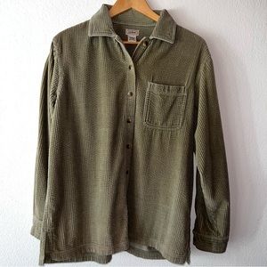 LL Bean olive cotton corduroy button down shirt with “tortoise shell” buttons.